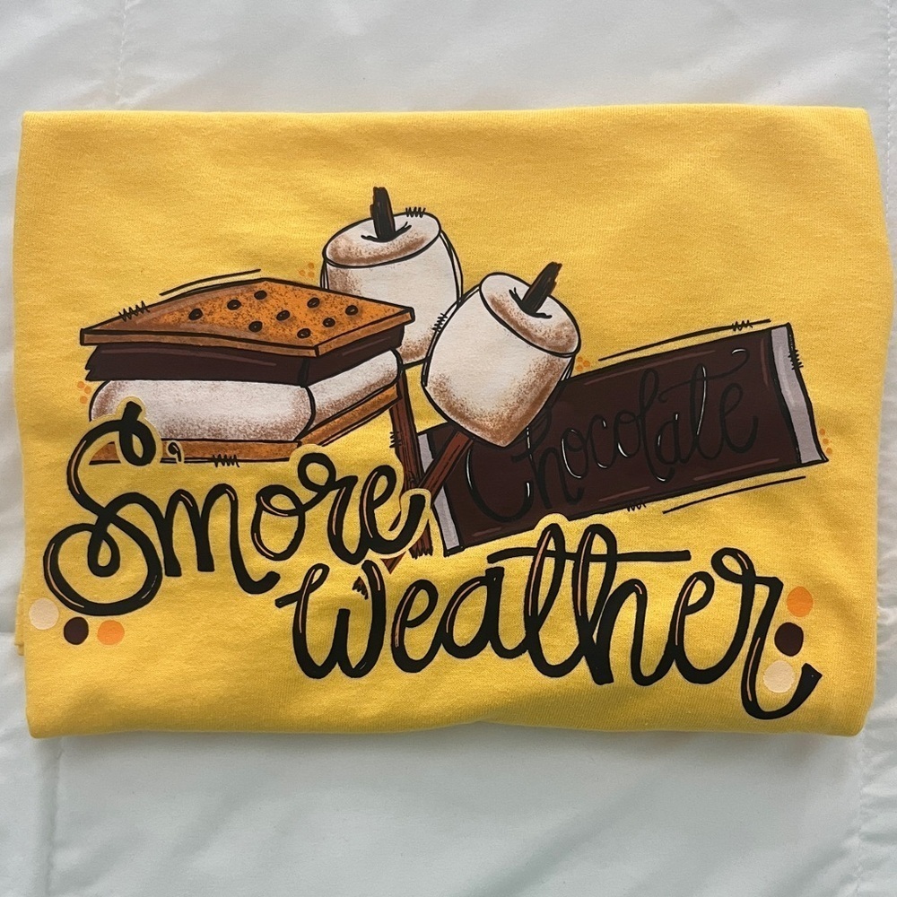 Yellow “S'more Weather”Graphic Tee. Gildan Brand. Size M.